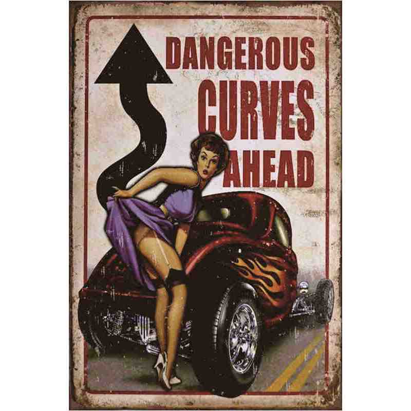 Plaque Métal US Vintage "Dangerous Curves" - 20 x 30 cm.