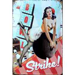 Plaque Métal US "Pin Up Bowling Strike" - 20 x 30 cm