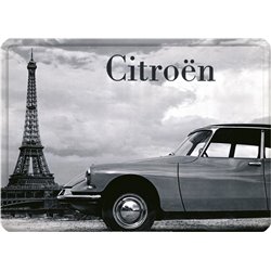 Plaque métal Citroen DS Tour Eiffel - auto ancienne 15 x 21