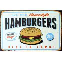 Plaque Métal US "Hamburgers Best In Town" - 20 x 30 cm.