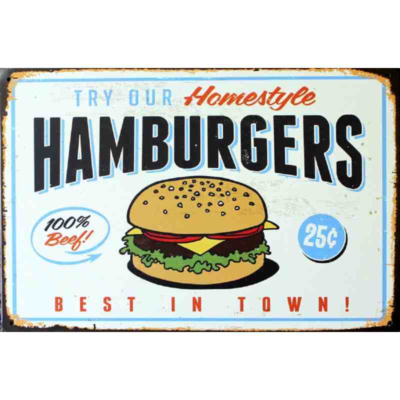Pour menu de nourriture américaine XREE Plaque en métal vintage avec inscription « Burger Fries » 30 x 40 cm