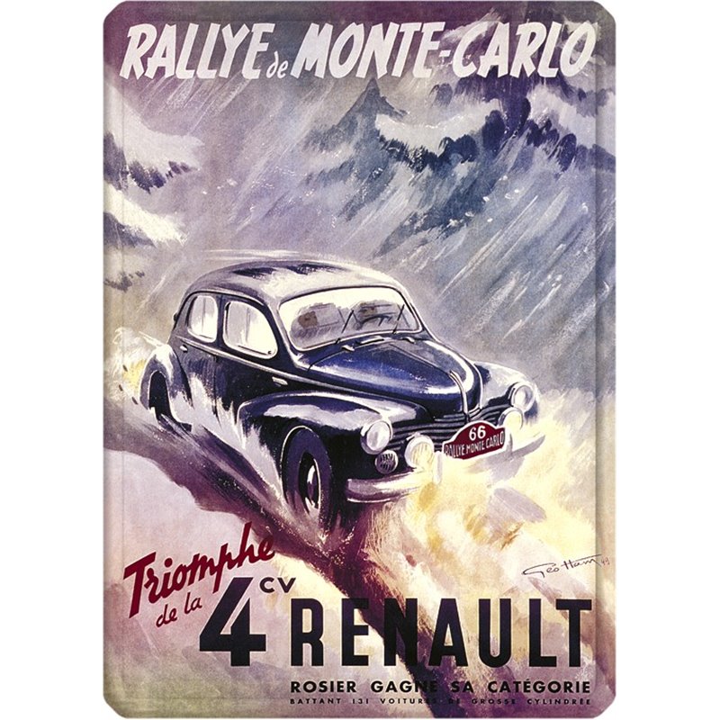 Plaque métal Renault 4CV Rallye de Monte Carlo - 30 x 40 cm.