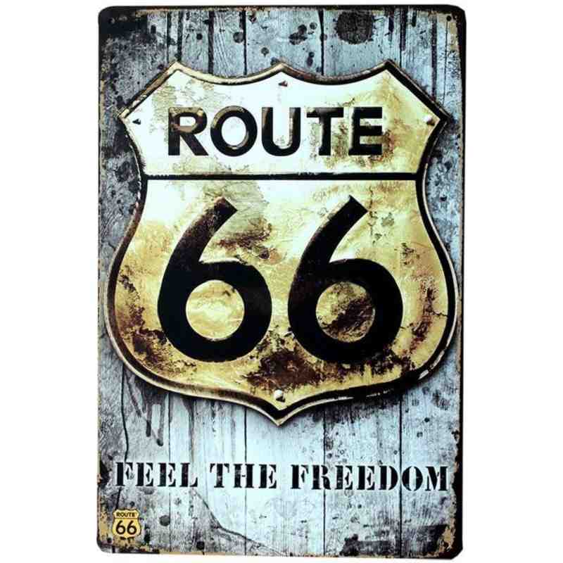 Plaque Métal US "Route 66 Feel The Freedom" - 20 x 30 cm.