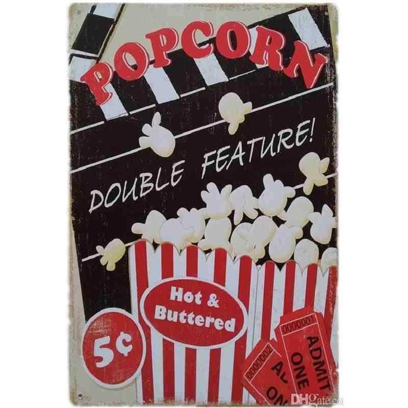 Plaque Métal "Pop Corn Double Feature" - 20 x 30 cm.