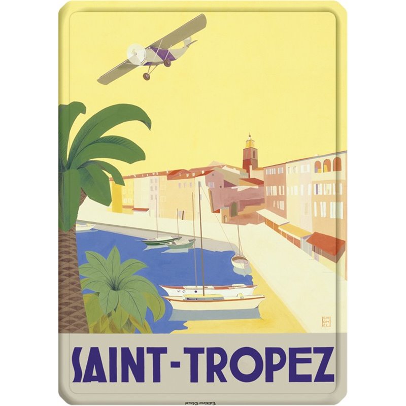 Plaque métal panorama "Saint-Tropez" style rétro - 15 x 21