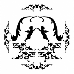 Deux anges entrelacés au centre d'un motif baroque en pochoir