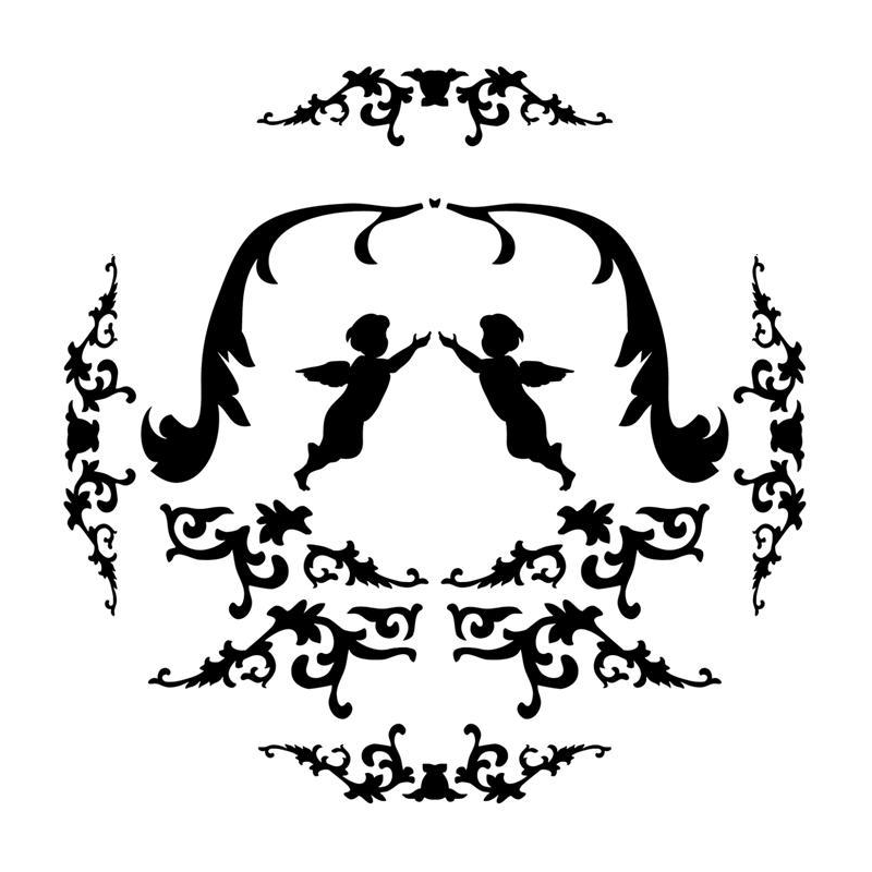 Deux anges entrelacés au centre d'un motif baroque en pochoir