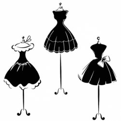 Pochoir des silhouettes de trois petites robes noires de style couture