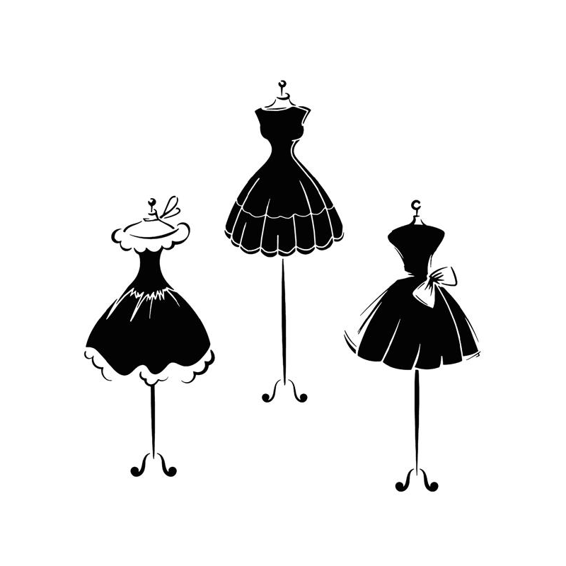 Pochoir des silhouettes de trois petites robes noires de style couture