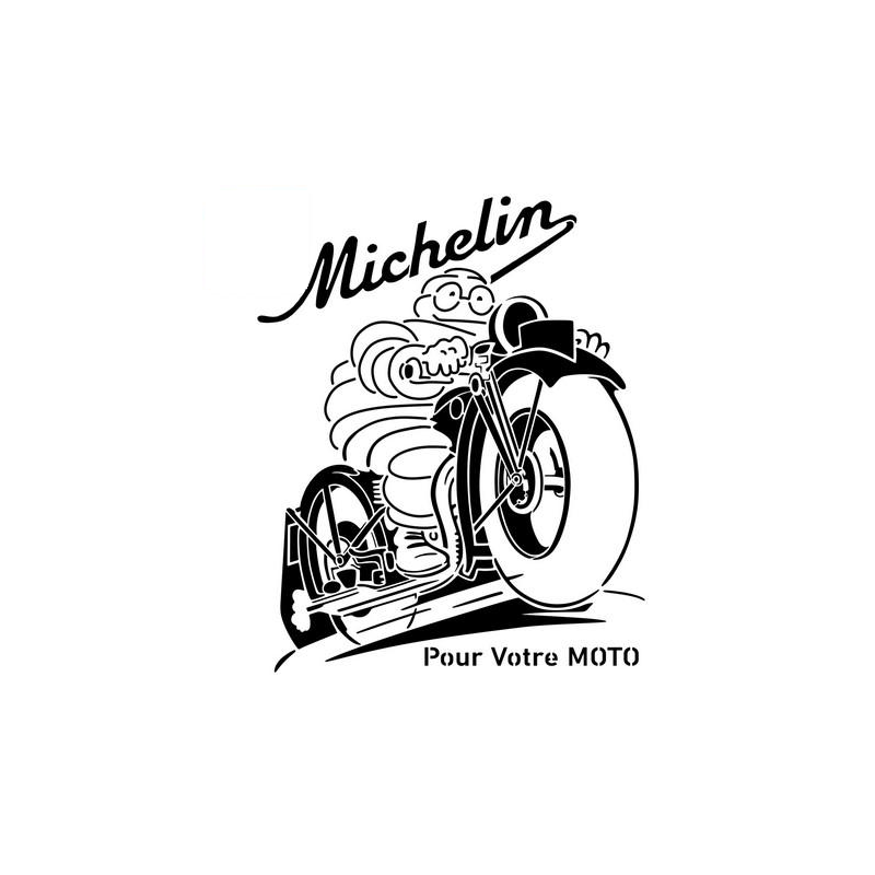 Pochoir du logo Michelin avec le personnage Bibendum sur une moto