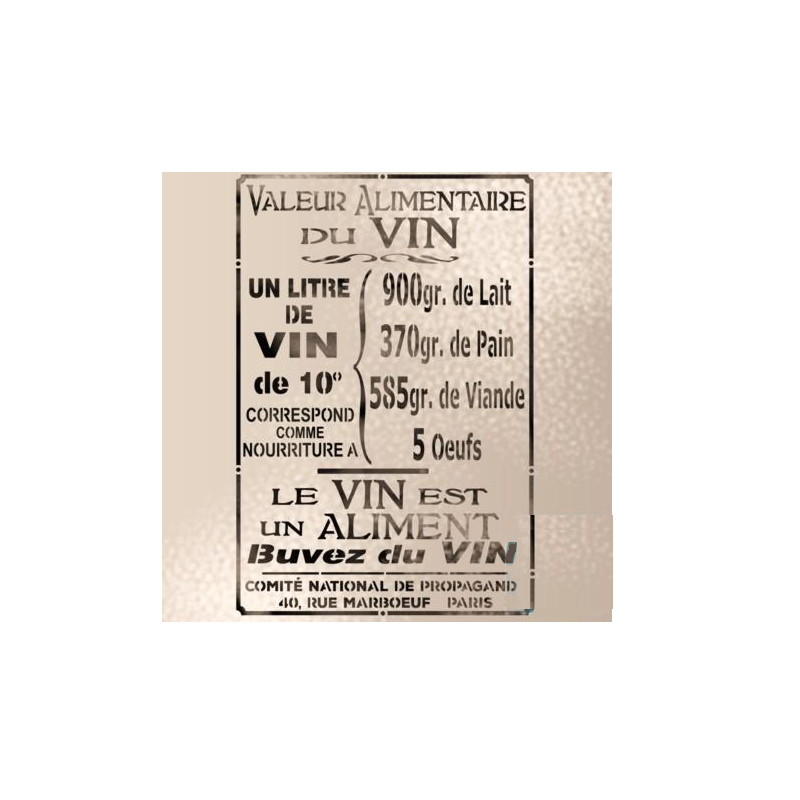 Pochoir de texte et de motifs sur la "Valeur alimentaire du vin"